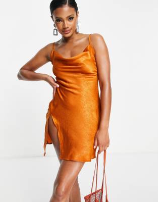 rust satin mini dress