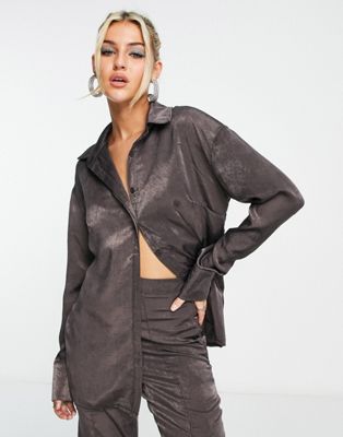 Public Desire satin shirt co-ord in charcoal