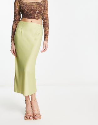 satin slip midi skirt in lime-Green