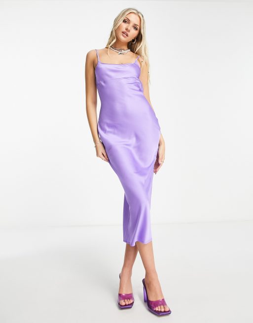 Square Neck Satin Slip Midi Dress Purple