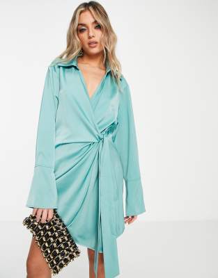 satin wrap dress in aqua blue