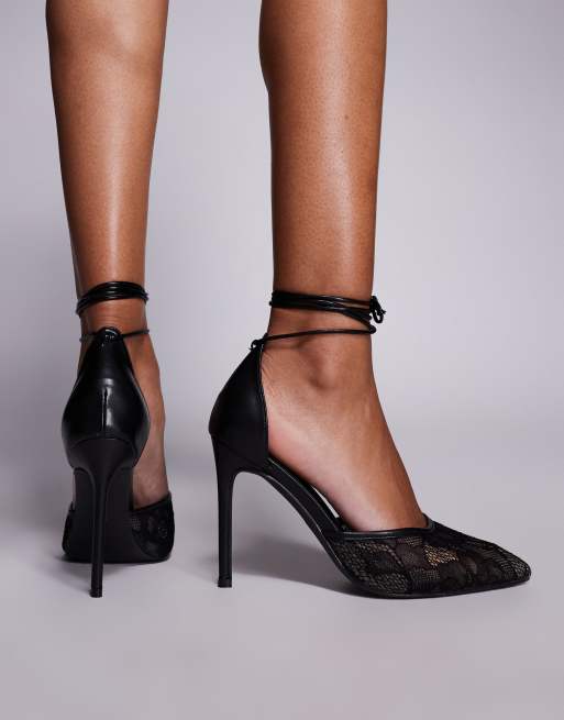 Public Desire - Scarpe con tacco nere in pizzo con allacciatura, 4 di 4