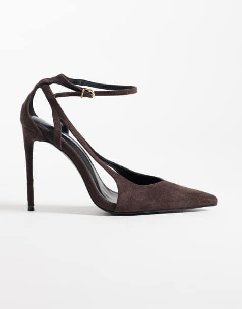Public Desire schoenen met brede pasvorm en hak in chocoladekleurige suedette - view 1