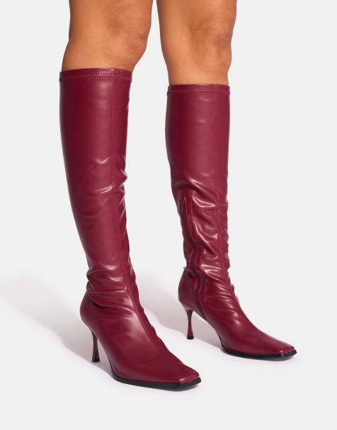 Public Desire Scorpion burgundy mid heel sock knee high boots in burgundy - view 1