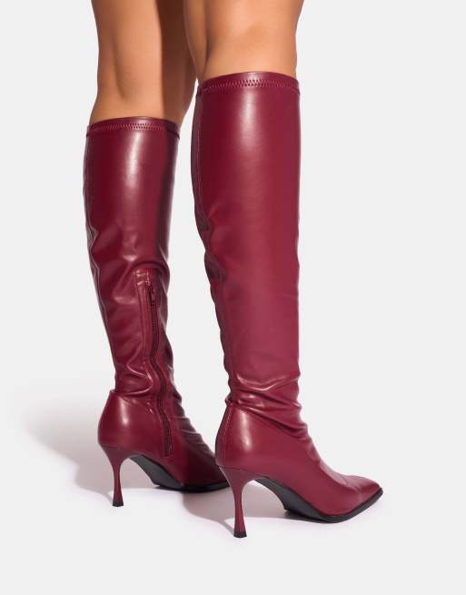 Public Desire Scorpion burgundy mid heel sock knee high boots in burgundy, 2 of 4