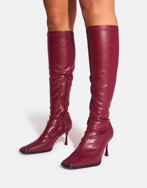 Public Desire Scorpion burgundy mid heel sock knee high boots in burgundy, 3 of 4