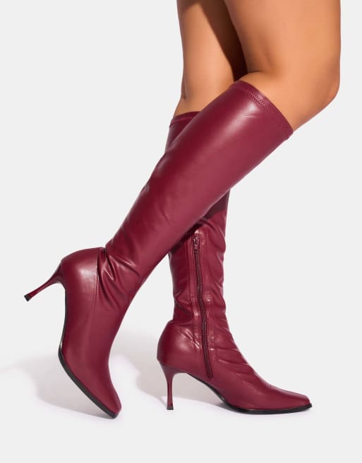Public Desire Scorpion burgundy mid heel sock knee high boots in burgundy, 4 of 4