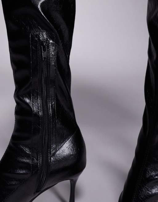 Public Desire Scorpion square toe heeled knee boots in black, 3 of 4