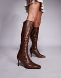 [Public Desire] Public Desire Scorpion square toe heeled knee boots in brown 38 Brown
