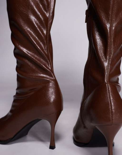 Public Desire Scorpion square toe heeled knee boots in brown