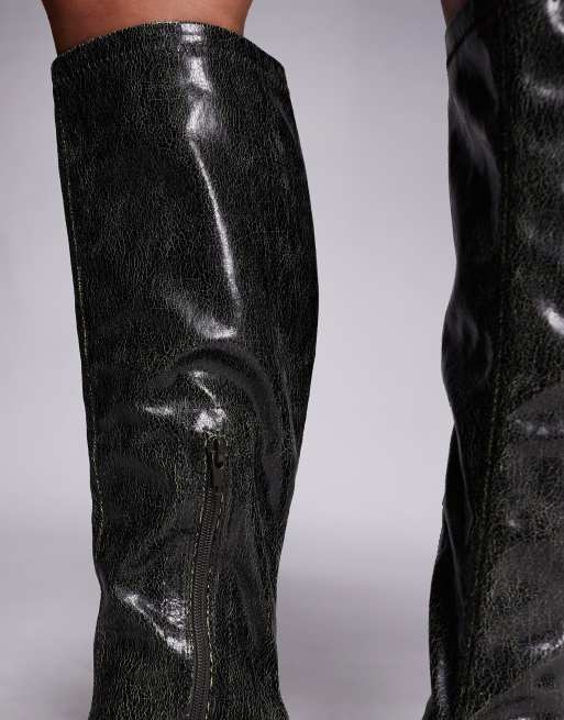 Public Desire Scorpion square toe heeled knee boots in retro gray cracked, 2 of 4