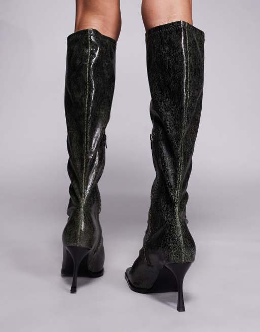 Public Desire Scorpion square toe heeled knee boots in retro