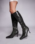 [Public Desire] Public Desire Scorpion square toe heeled knee boots in retro grey cracked 39 Retro Grey Cracked
