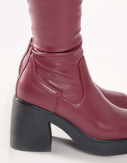 Public Desire Sensored chunky sole sock over the knee boots in burgundy, 4 of 4