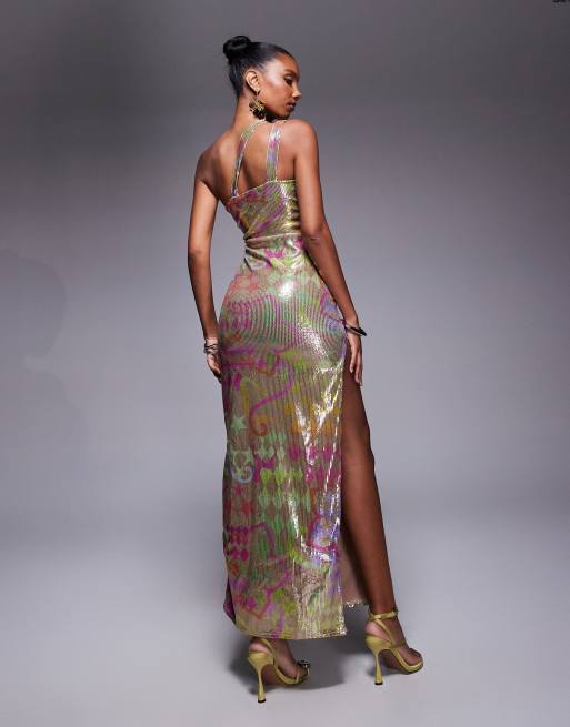 Public Desire Sequin printed asymmetric maxi dress multi in multi, 2 of 4