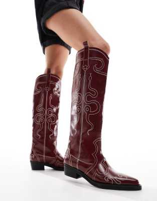 Public Desire Serpentine western boot with embroidery in burgundy-Red