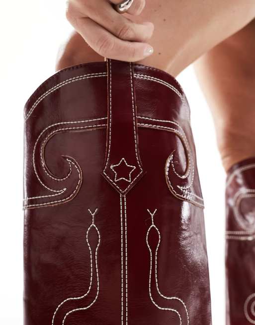 Public Desire Serpentine western boots with embroidery in burgundy, 2 of 4