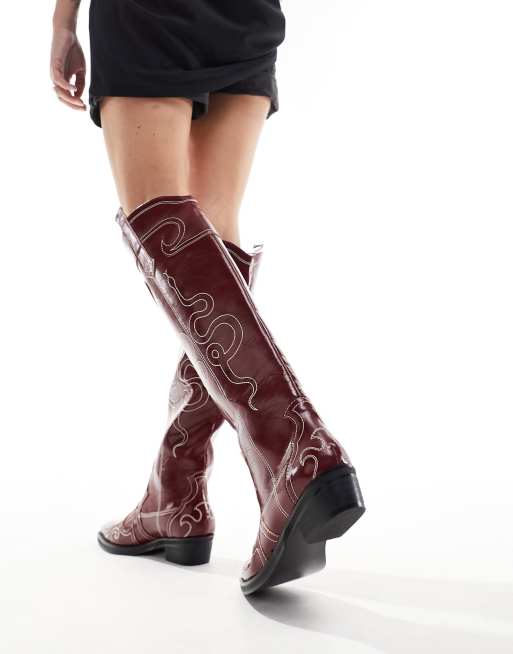 Public Desire Serpentine western boots with embroidery in burgundy, 3 of 4