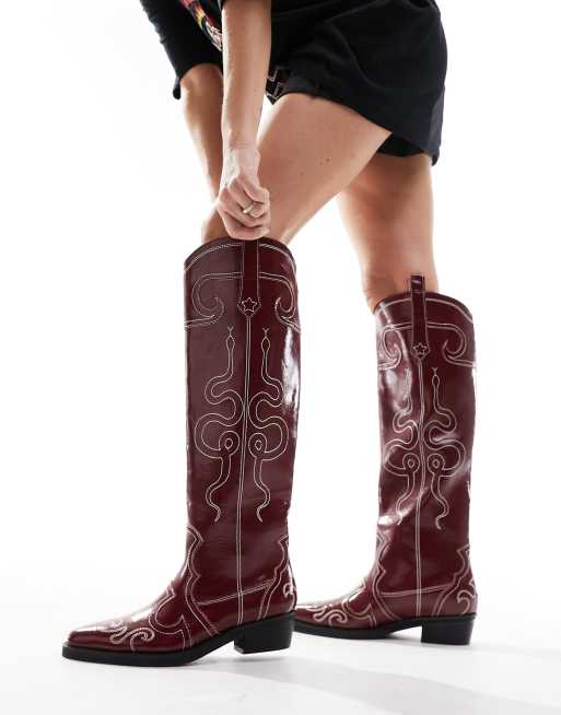 Public Desire Serpentine western boots with embroidery in burgundy, 4 of 4