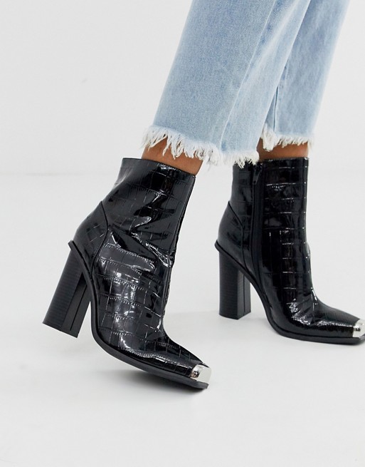 Public Desire Serve heeled ankle boots with toe cap in black croc