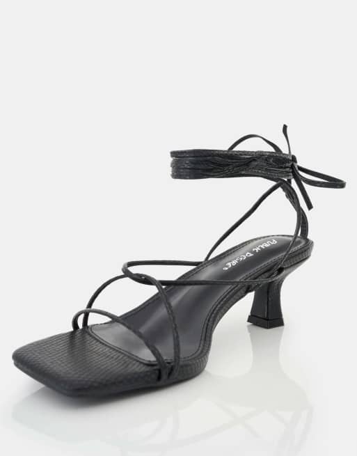 Public Desire Shibuya snake texture pu square toe lace up low heels in black snake, 2 of 4