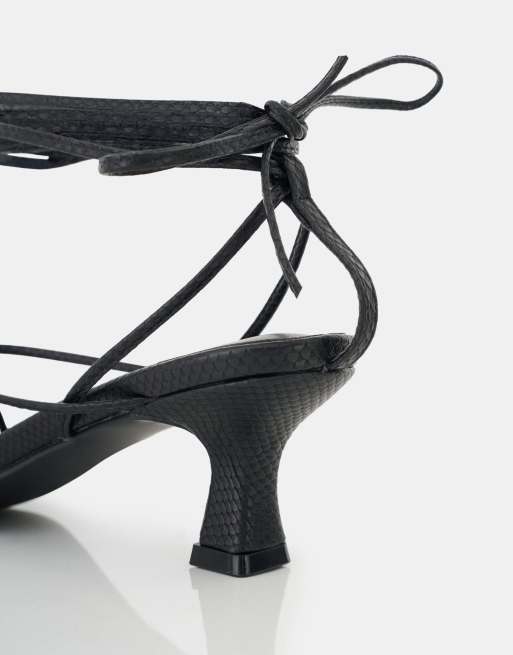 Public Desire Shibuya snake texture pu square toe lace up low heels in black snake, 4 of 4