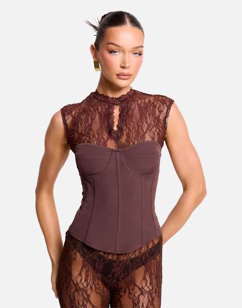 Public Desire Short sleeve sheer floral lace co ord top in brown - view 1
