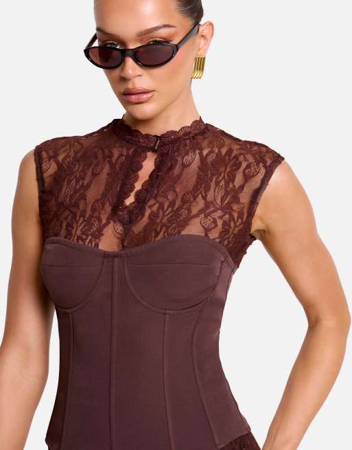 Public Desire Short sleeve sheer floral lace co ord top in brown, 2 of 3