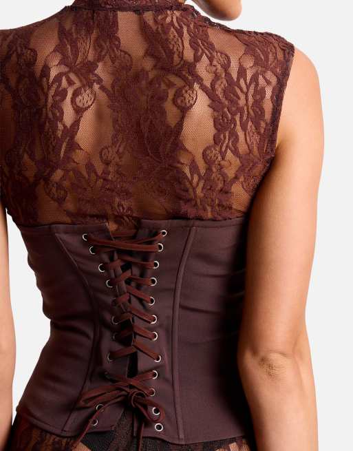 Public Desire Short sleeve sheer floral lace co ord top in brown, 3 of 3
