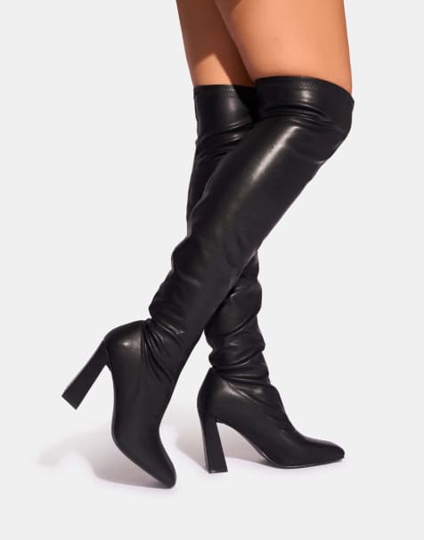 Public Desire Showoff pu block heel over the knee boot in black pu - view 1