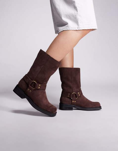 Public Desire Sienna biker boots in brown faux suede - view 1