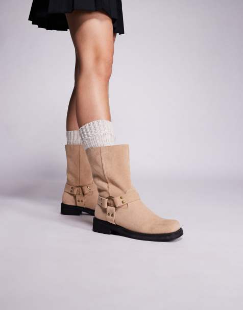 Public Desire Sienna biker boots in sand faux suede - view 1