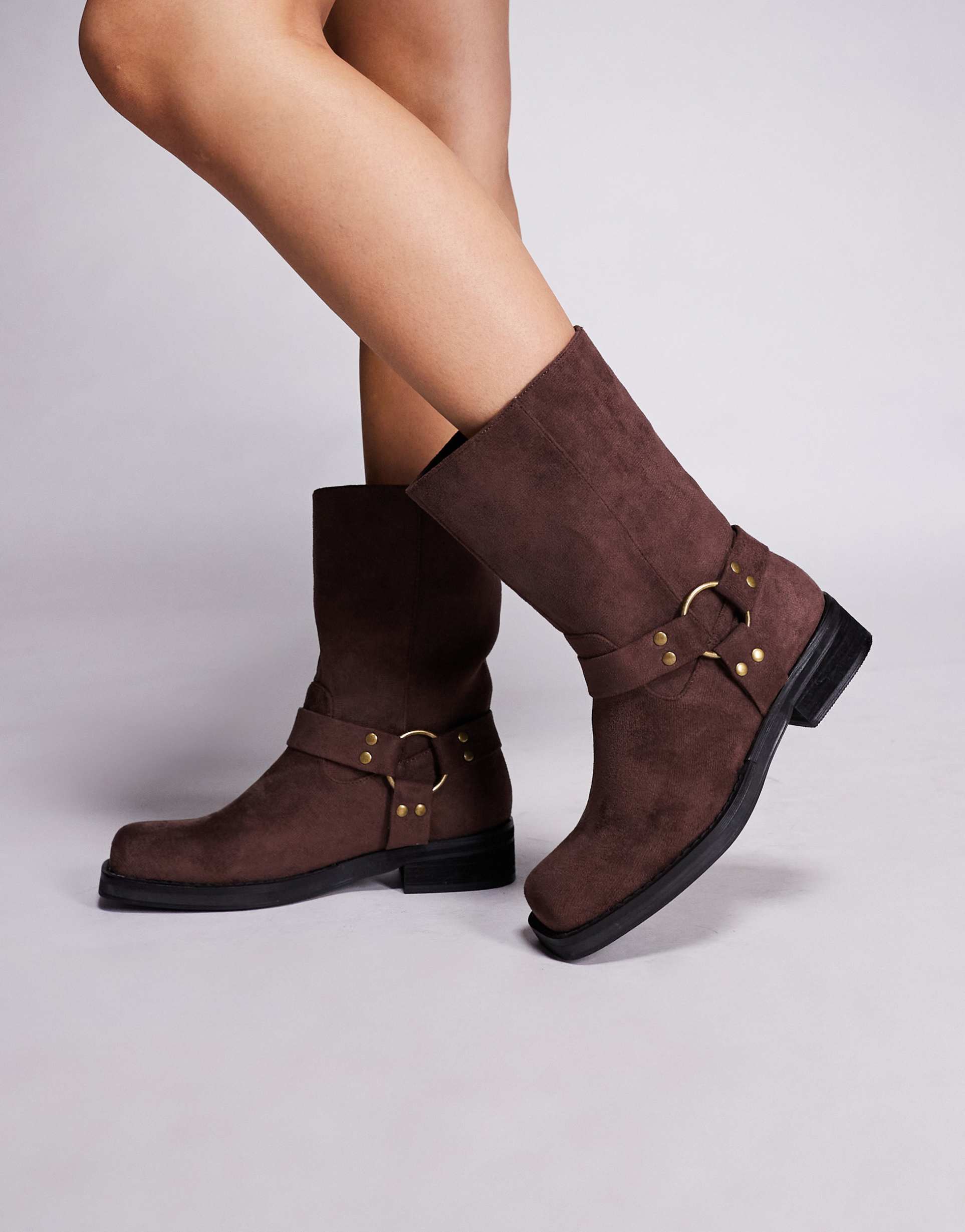 public desire sienna moto boots in brown faux suede