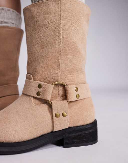 Public Desire - Sienna - Stivali stile biker in camoscio sintetico color sabbia, 2 di 4