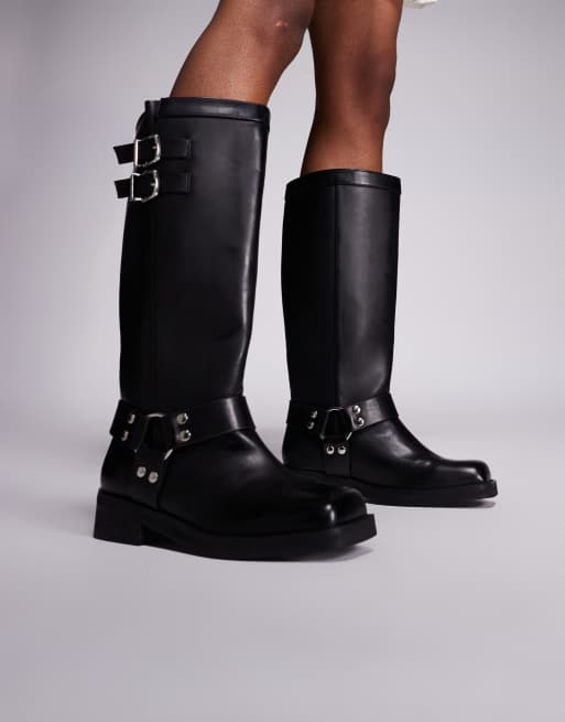 Public Desire Sirius flat harness knee boots in black