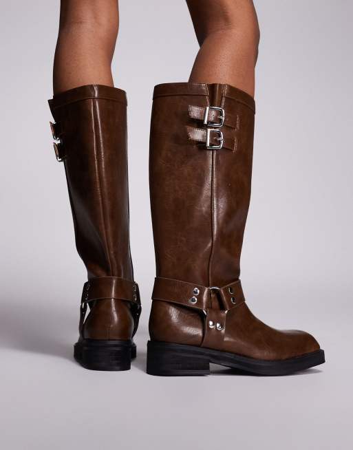 Public Desire Sirus flat harness knee boots in tan