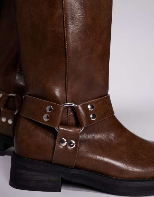 Public Desire Sirus flat harness knee boots in tan