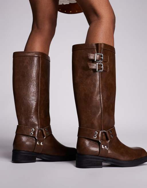 Public Desire Sirius wide fit flat harness knee height boots in tan, 2 of 4