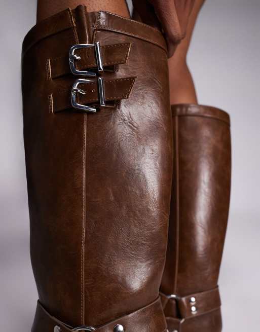 Public Desire Sirius wide fit flat harness knee height boots in tan, 3 of 4