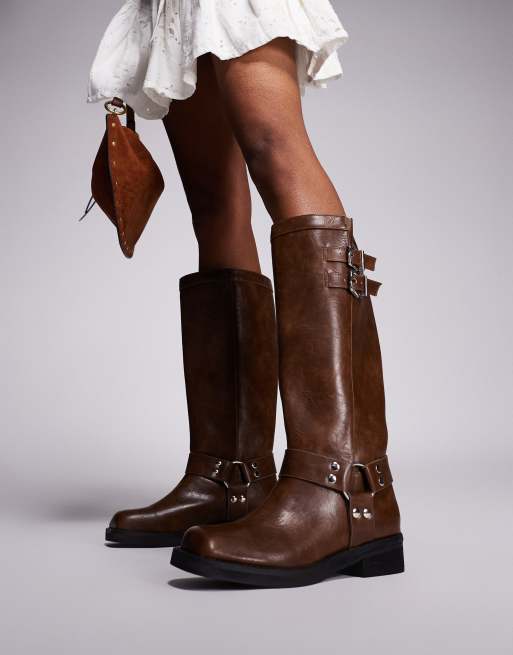 Public Desire Sirius wide fit flat harness knee height boots in tan, 4 of 4