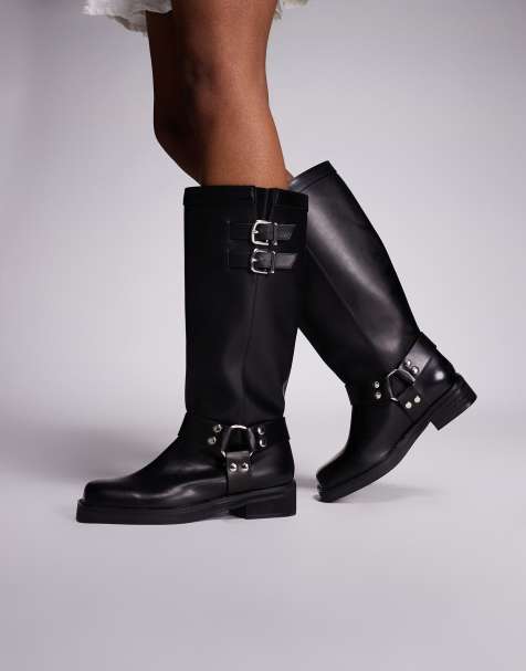 Public Desire Sirus flat harness knee boots in black - view 1