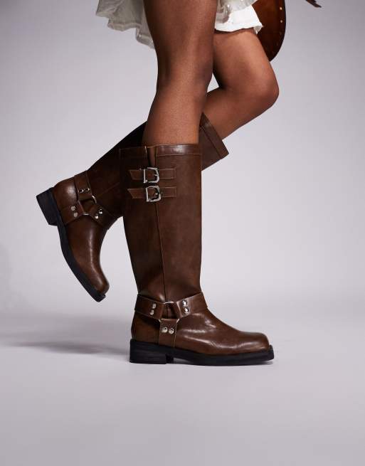 Public Desire Sirus flat harness knee boots in tan