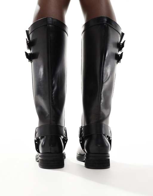Public Desire Sirus Wide Fit flat harness knee boots in black