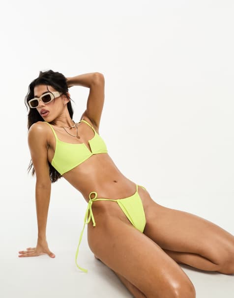 Public Desire skinny tie side high leg bikini bottom in acid lime - view 1