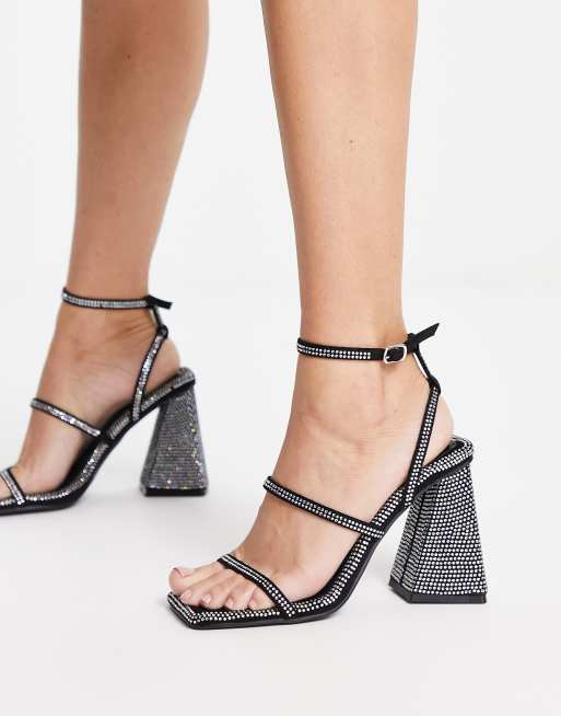 Denim Diamante Studded Strap Heeled Sandals