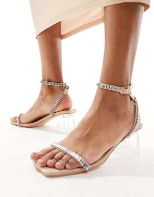  Slay clear block heeled sandal with embellished strap in silver