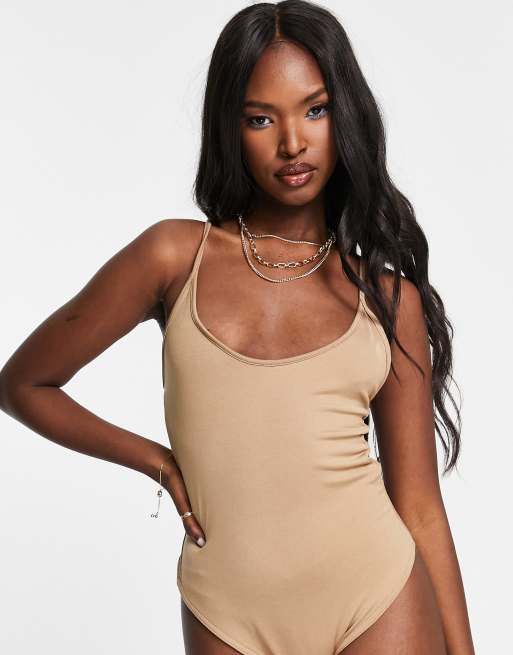 Public Desire slinky cross back double layer bodysuit in chestnut, 3 of 4