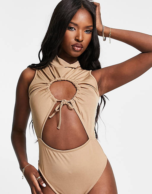 Public Desire slinky cut out ruched double layer bodysuit in chestnut