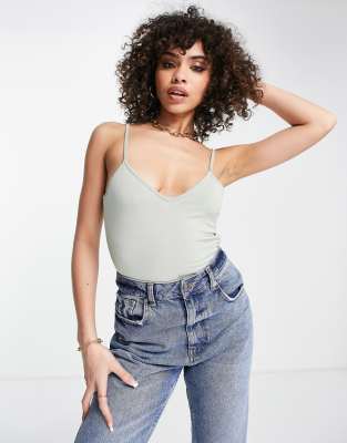 Public Desire slinky low back double layer bodysuit in sage green - view 1