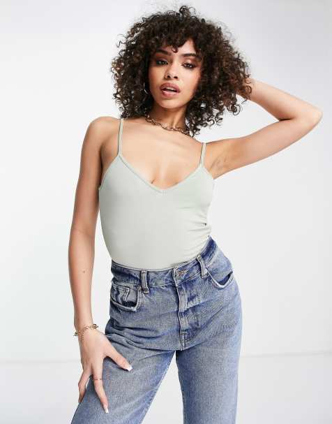 Public Desire slinky low back double layer bodysuit in sage green